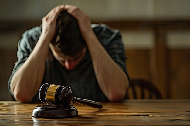 Photo man with head in hands gavel symbolizing legal trouble