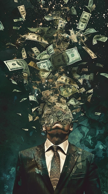 a man with a head of money on his head