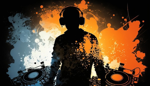 Man with headphone silhouette music background