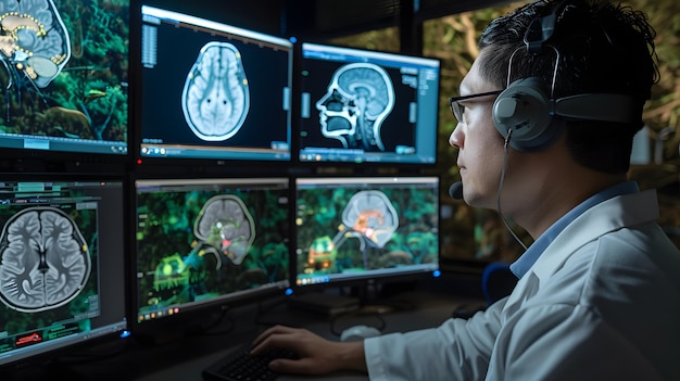 a man with headphones on and a computer screen with the brain brain on it