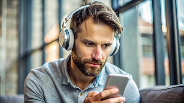 A man with headphones on his ears is seen holding a cell phone in his hand He seems focused on the screen possibly listening to music or a phone call