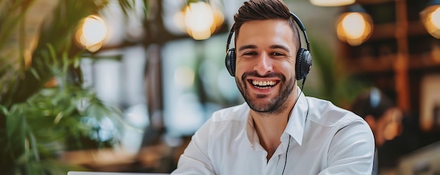 a man with headphones on his head is smiling