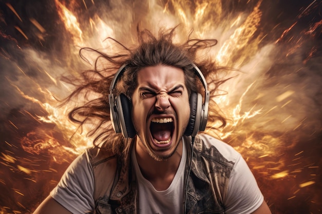 a man with headphones screaming