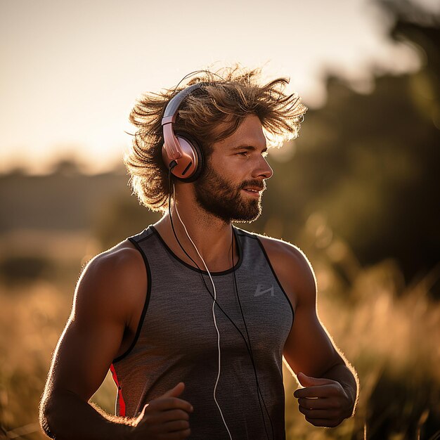 Photo a man with headphones that say quot he is running quot in a field