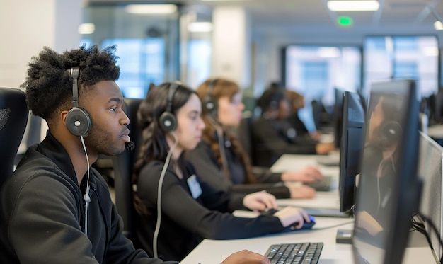 a man with headphones on and a woman in front of a computer with a man wearing headphones