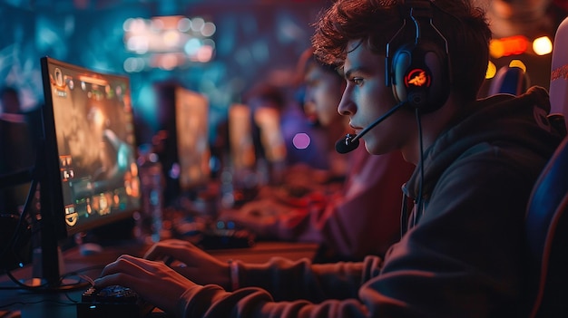 a man with a headset on his head is working on a computer