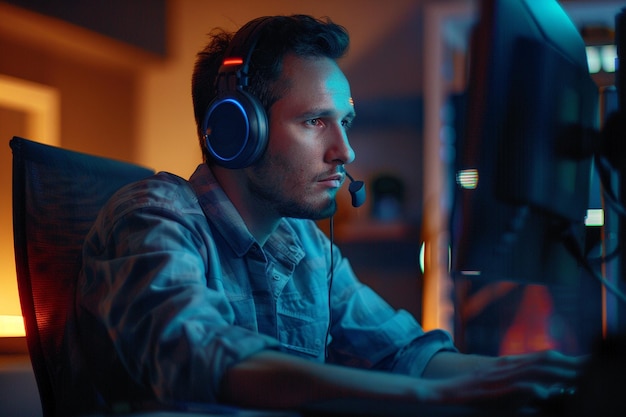 a man with a headset is sitting in front of a computer monitor