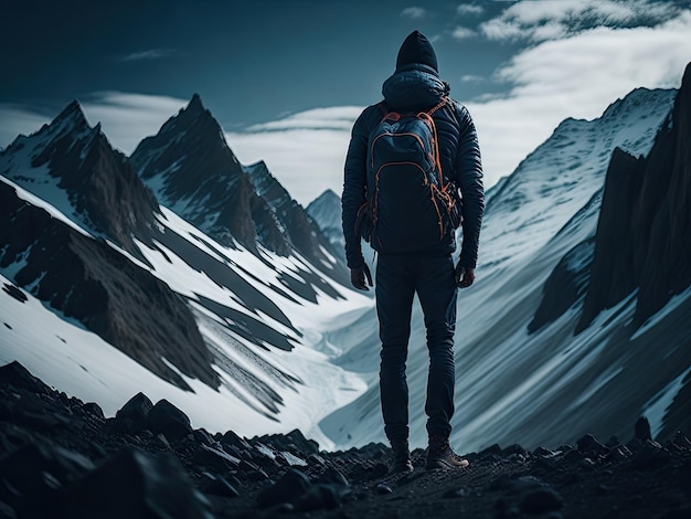 A man with a hiking backpack stands among the snowy mountains ai generative