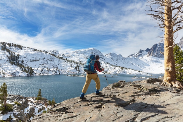 Man with hiking equipment walking in Sierra Nevada  mountains,California,USA