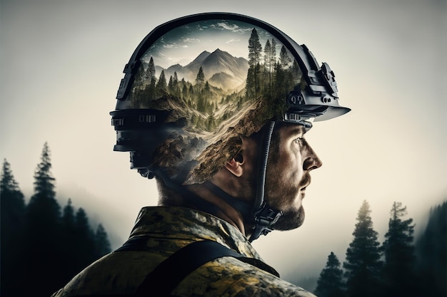 Man with hiking gears portrait and wondrous mountain landscape double exposure