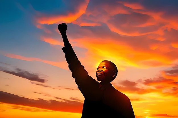 A man with his arm raised in the air with the sun behind him