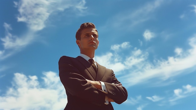 a man with his arms crossed in front of a cloudy sky