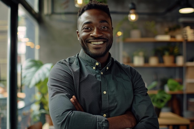 Photo a man with his arms crossed in front of a plant