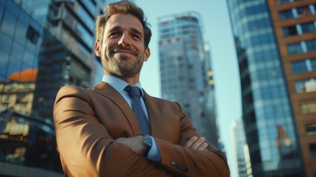 a man with his arms crossed in front of a skyscraper