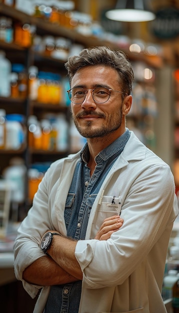 Photo a man with his arms crossed in front of a store