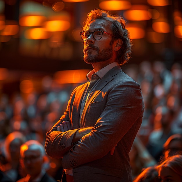 a man with his arms crossed stands in front of a crowd