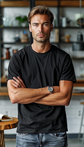 a man with his arms crossed wearing a black shirt with a watch on it