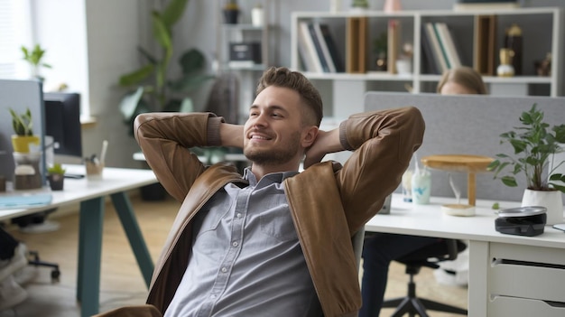 Photo a man with his arms behind his head and his head on his chest