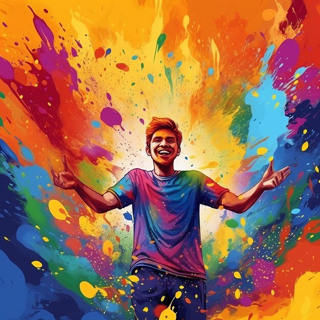 Photo a man with his arms open in front of a colorful painting