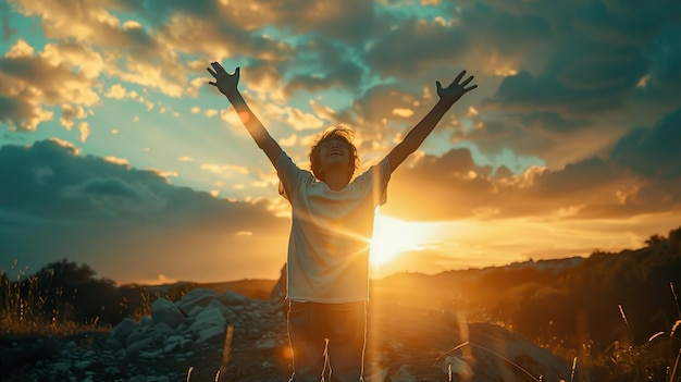 a man with his arms raised in front of a sunset with the sun behind him