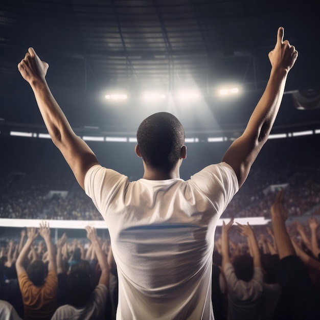 A man with his arms up in the air with a large crowd in the background.