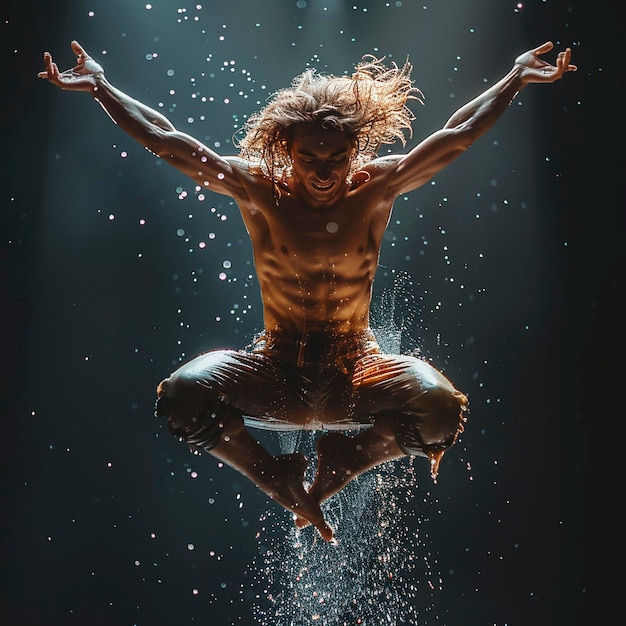 a man with his arms up in the air with water splashing around him