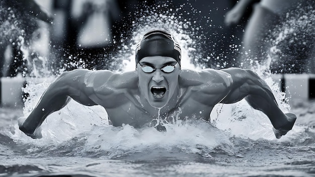 a man with his arms up in the water with the words swimmer on the bottom