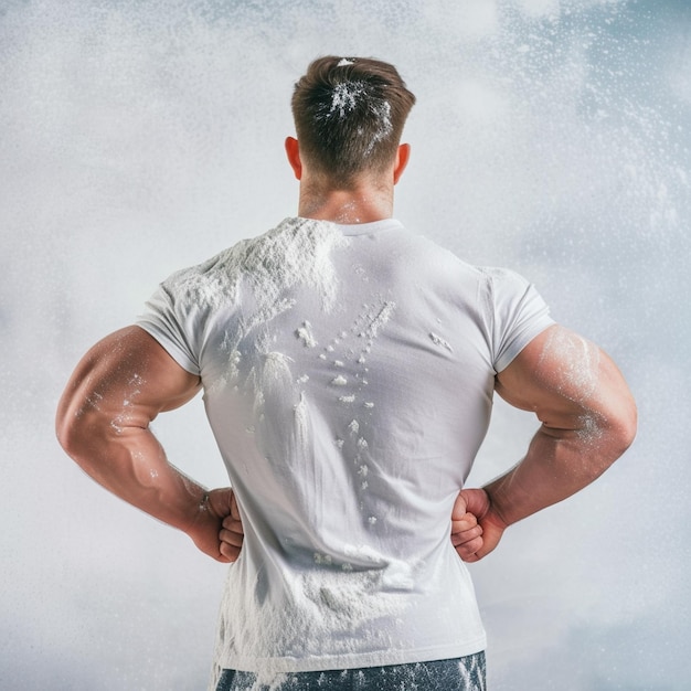 Photo a man with his back turned wearing a white shirt that says quot water drops quot on it