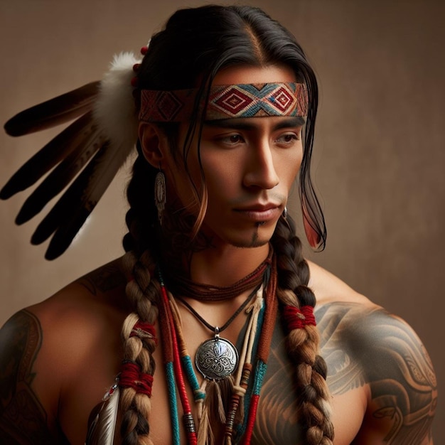 a man with a on his chest is wearing a tribal headdress