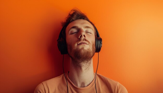 a man with his eyes closed wearing headphones