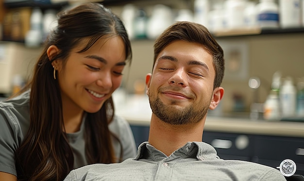 a man with his eyes closed and a woman with the man behind him