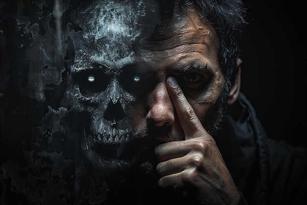 A man with his finger to the mouth in silence behind him is an eerie skull face in darkness high c