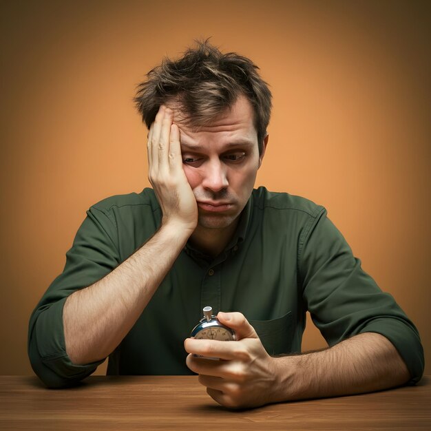 Photo a man with his hand on his head and a pen in his hand