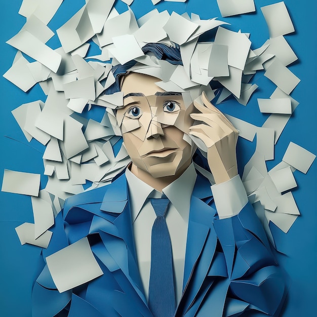 Photo a man with his head in a blue suit is covered in white papers