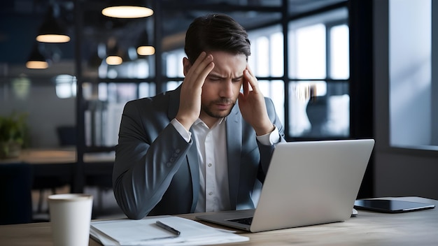 a man with his head in his hand is looking at a laptop