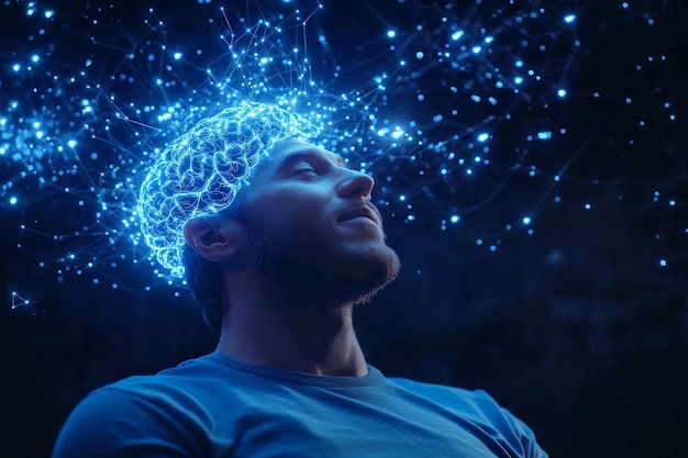 A man with his head illuminated by glowing blue neural patterns representing the clarity of thought