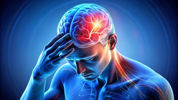 Photo a man with his head in pain and the brain is blue