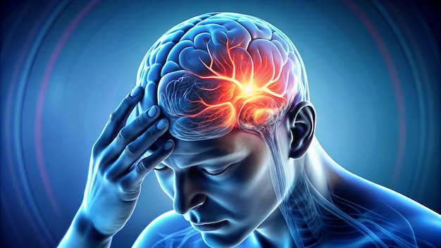 Photo a man with his head in pain and the brain is blue