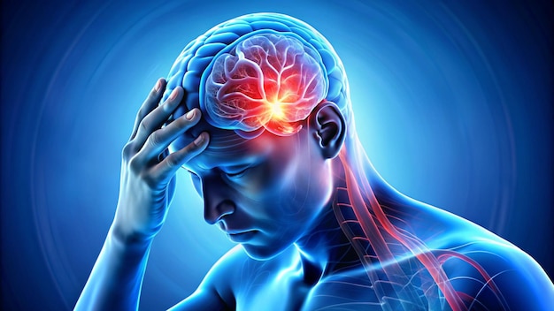 a man with his head in pain and the brain is covered with a blue background