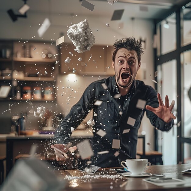 Photo a man with his mouth open and a cup of coffee in the background