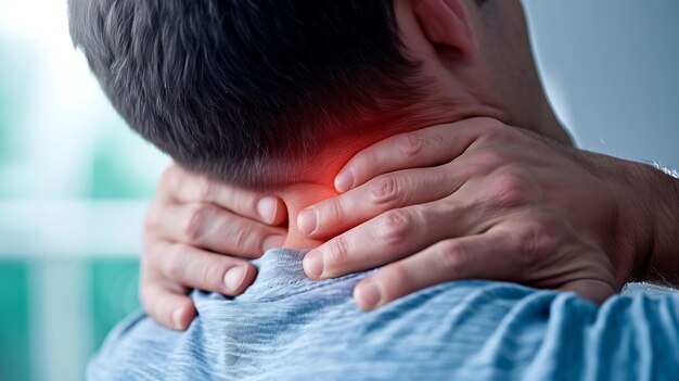 a man with his neck in pain with his hand on his neck