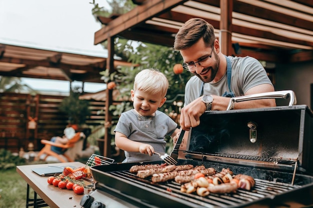 Man with his son cooking food on barbecue grill