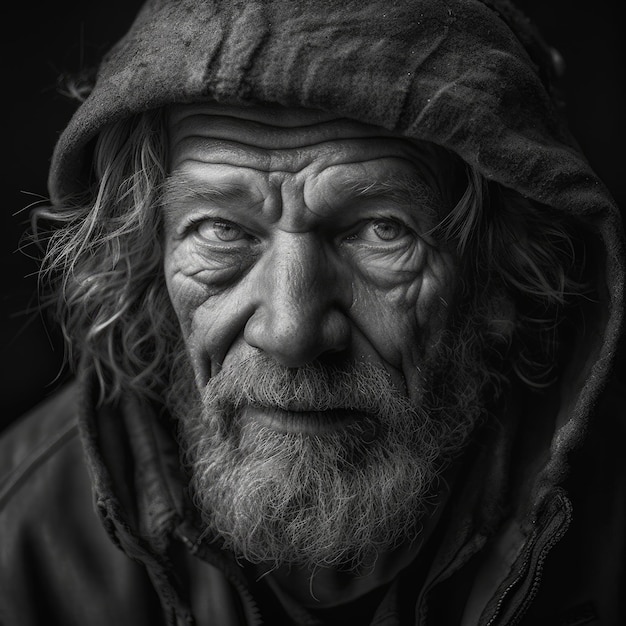 A man with a hood that says'i am a homeless man '