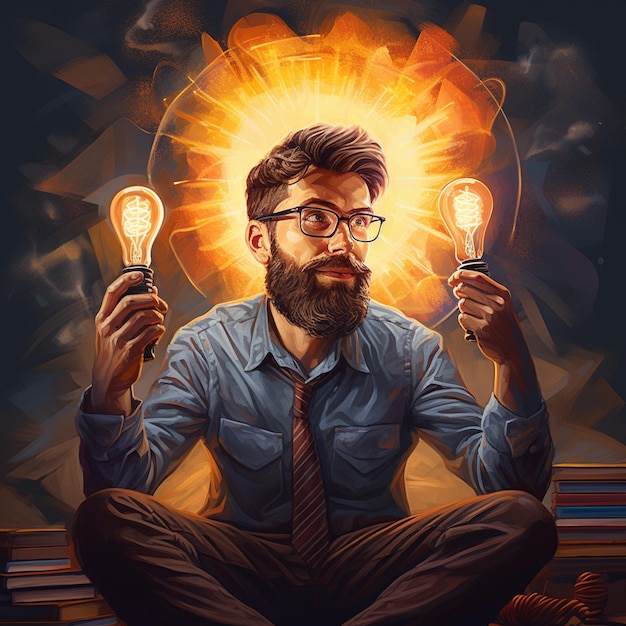 Man with Idea illustration of holding bulb