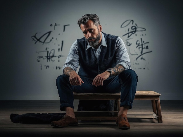 Photo a man with a ink sitting with legs crossed and fingers_0