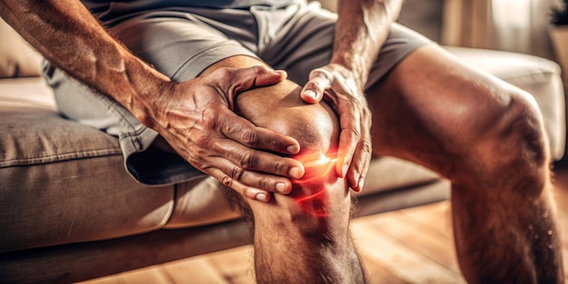 A man with a knee injury is sitting on a couch