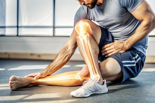 Photo a man with knee pain is sitting on a floor