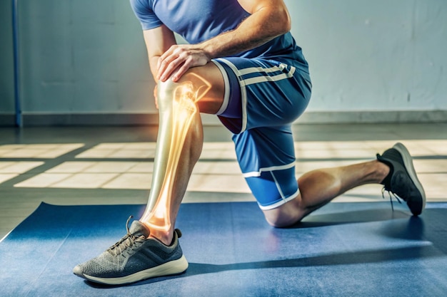 Photo a man with knee pain is sitting on a mat with his knee bent