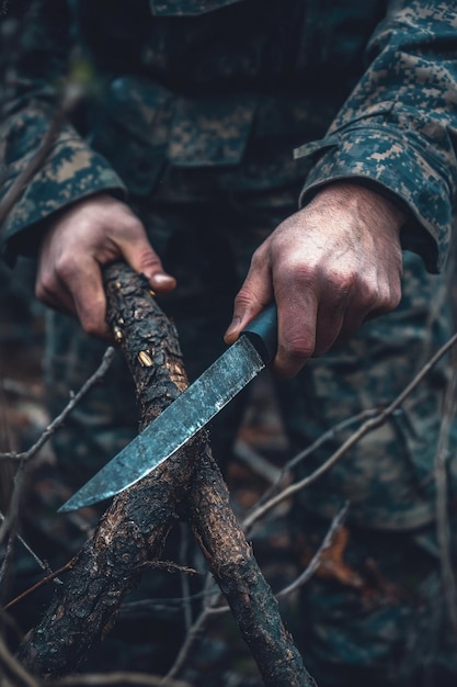 Photo man with knife in camouflage