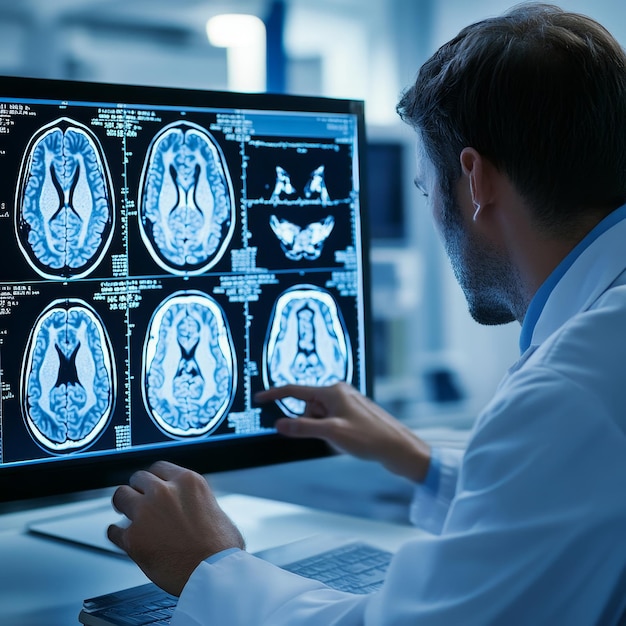 Photo a man with a lab coat on a computer with the brain brain on the screen